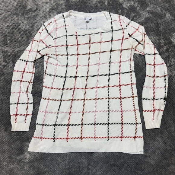 41 Hawthorn Sweaters - 41 Hawthorn Womens White Grid Plaid Crew Neck Sweater WGS10536 Medium